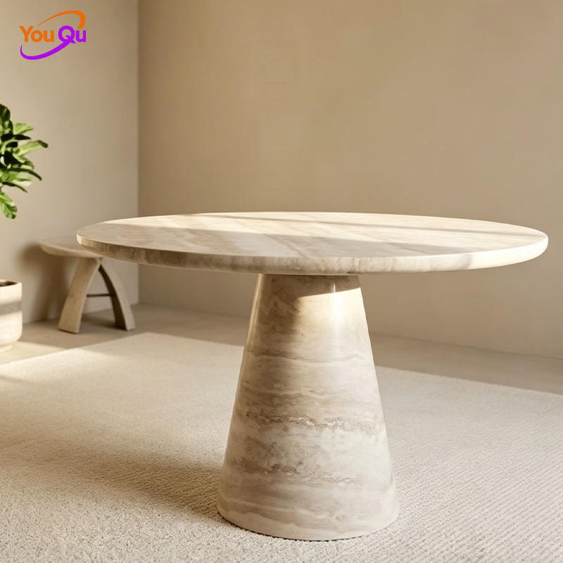 Wabi-Sabi Beige Round Dining Table Modern Minimalist Conical Base Fiberglass Travertine Stone for Home Restaurant