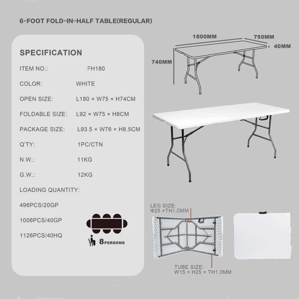 FH180 6ft Portable Patio Outdoor Table 6ft Fold-In-Half Furniture Regular Size Foldable Outdoor Dining/Kitchen Table Outdoor