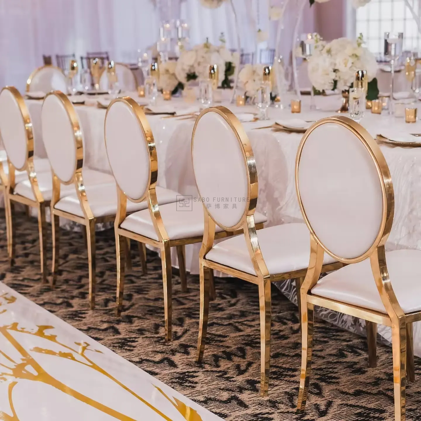 Modern Metal Dining Chair Stackable Banquet Chair for Wedding Hotel Event Party Luxury Upholstered Gold-Plated Round-Back Chair