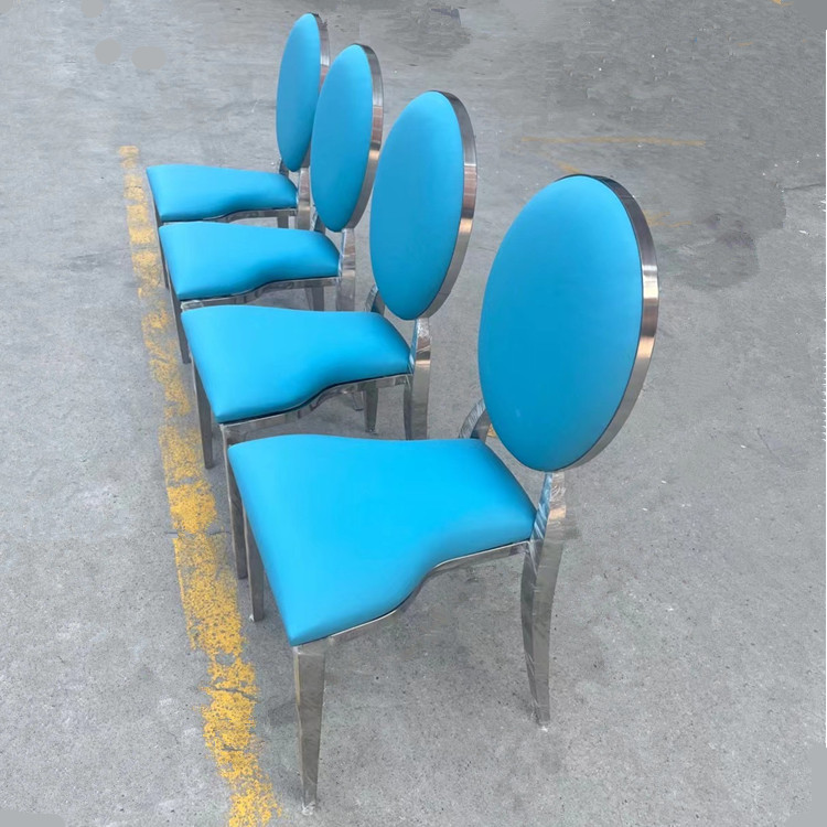 Wholesale Luxury Silver Back Round Blue Upholstered Padded Throne Stainless Steel Hotel Party Event Dining Banquet Wedding Chair