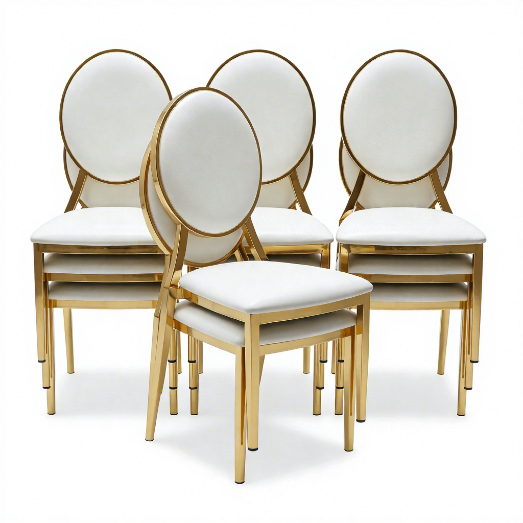 Modern Metal Dining Chair Stackable Banquet Chair for Wedding Hotel Event Party Luxury Upholstered Gold-Plated Round-Back Chair