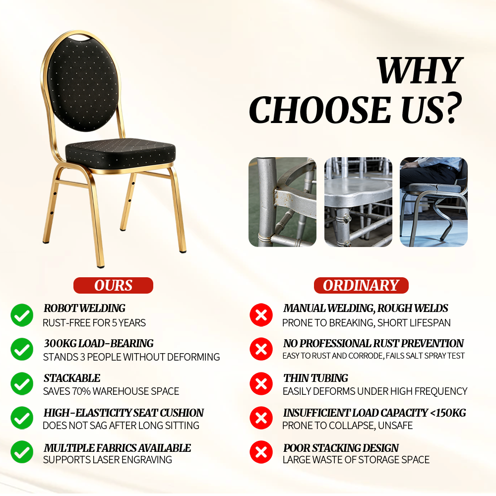 Banquet Chair Gold Metal Round Back Stackable Wedding Hotel Chairs Black Polka Dot Upholstery
