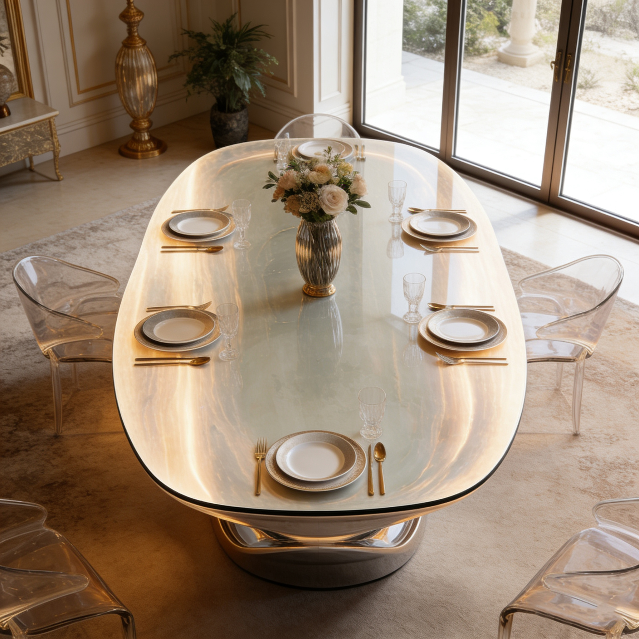 Art Deco Luxury Gilded Fiberglass Base Dining Table Irregular Wood-Like Tabletop for High-End Home Villa Hotel