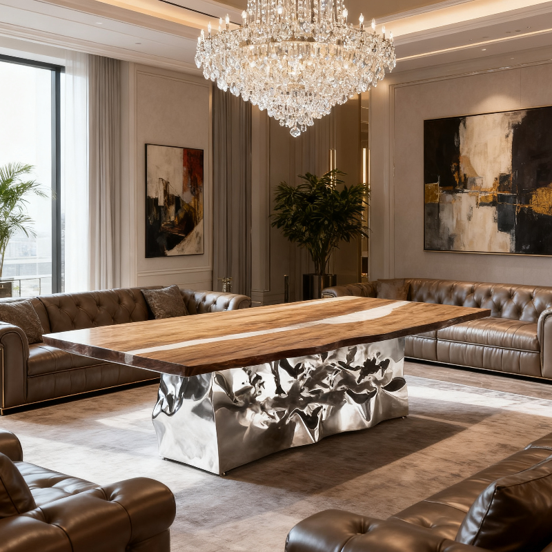 Modern FRP Dining Table with Wood Grain Top FRP Base for Luxury Living Room High End Restaurant Modern Home