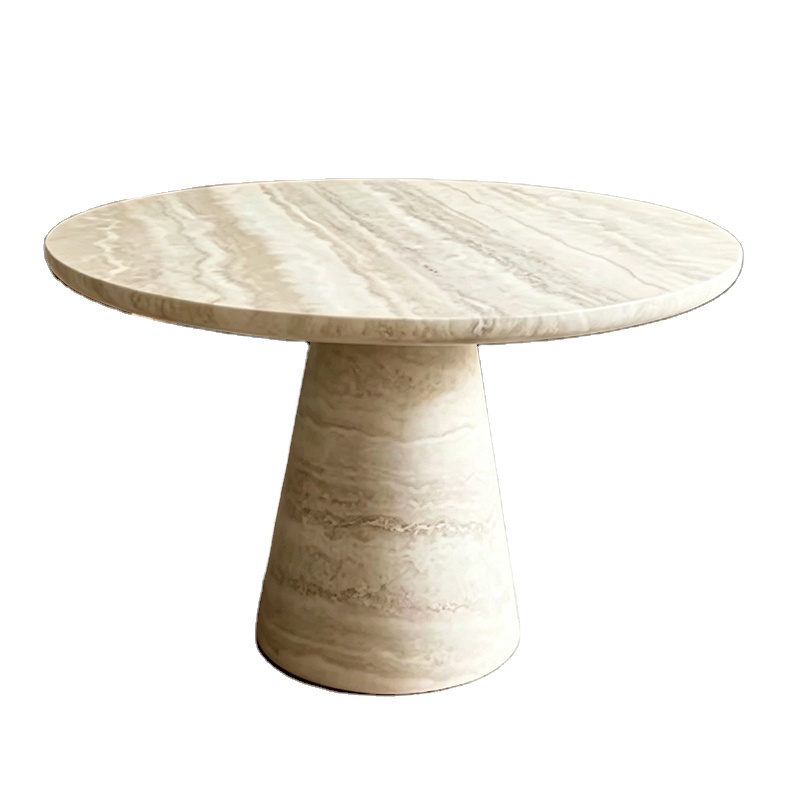 Wabi-Sabi Beige Round Dining Table Modern Minimalist Conical Base Fiberglass Travertine Stone for Home Restaurant