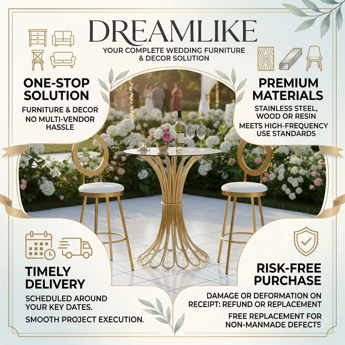 Luxury Gold Round Cocktail Table with Marble White Top and Sturdy Metal Base for Weddings and Events Bulk