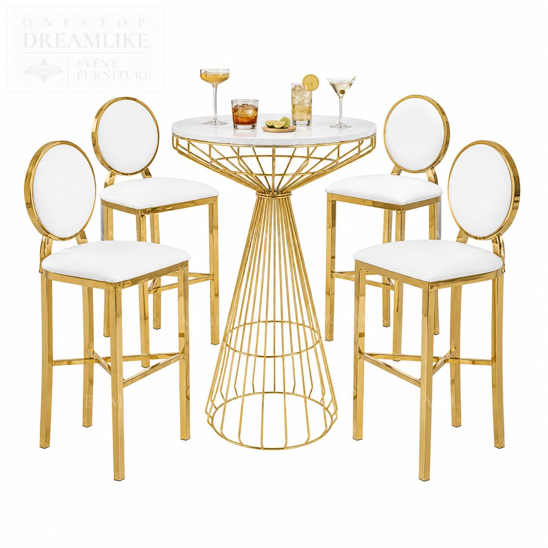 Luxury Gold Round Cocktail Table with Marble White Top and Sturdy Metal Base for Weddings and Events Bulk