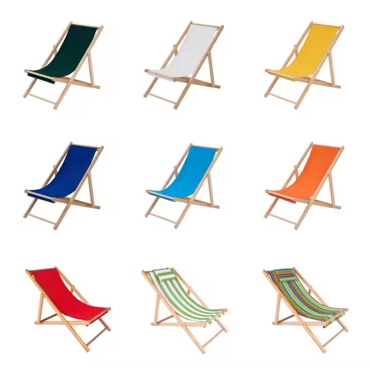 Custom Logo Blue Orange Red Sunshine Teak Solid Wood Hardwood Folding Oxford Sun Lounge Beach Chair for Camping Hiking