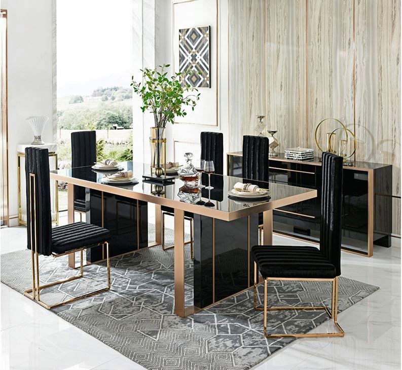Italian Modern Dining Table Set with 6 Chairs, Luxury Fiberglass Restaurant Furniture - Tempered Glass Top &amp; Leather Seats