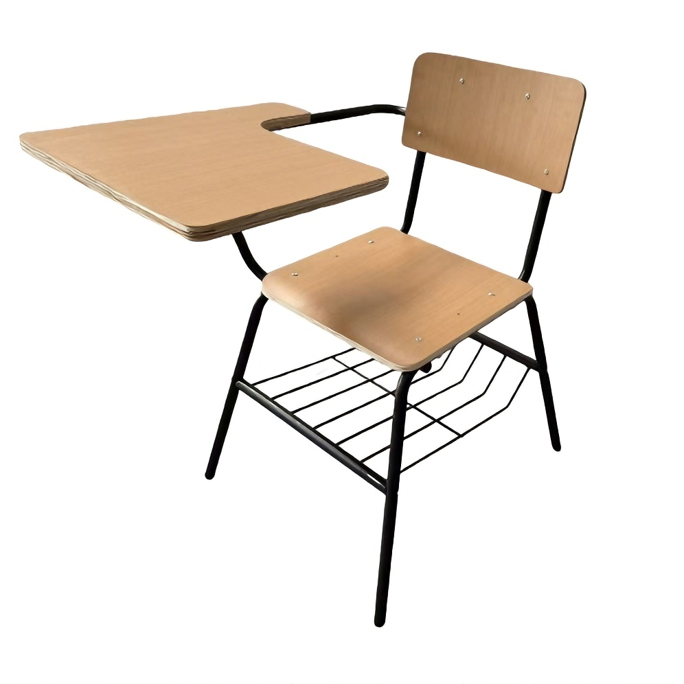 Classroom Student Desk Chair with Storage Basket Plywood School Table Training Chaise with Writing Pad