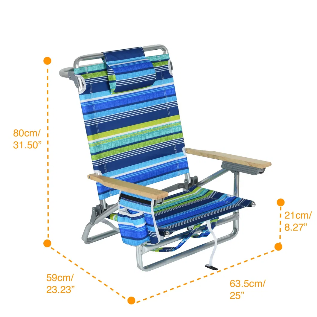 Customizable 5-Position Folding Reclining Beach Chairs with Wooden Armrests