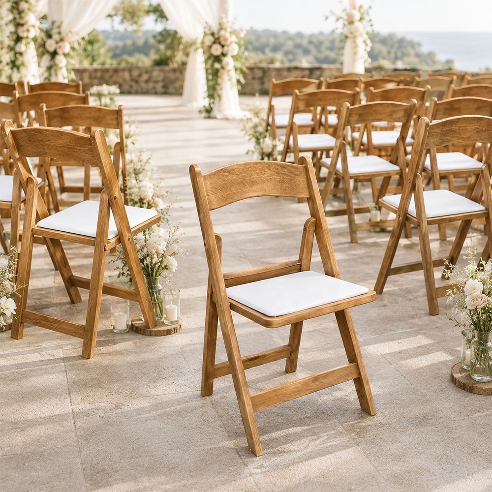 Farmhouse Antique Plastic Folding Chairs for Events Wedding Party Outdoor Garden with White Leather Cushions