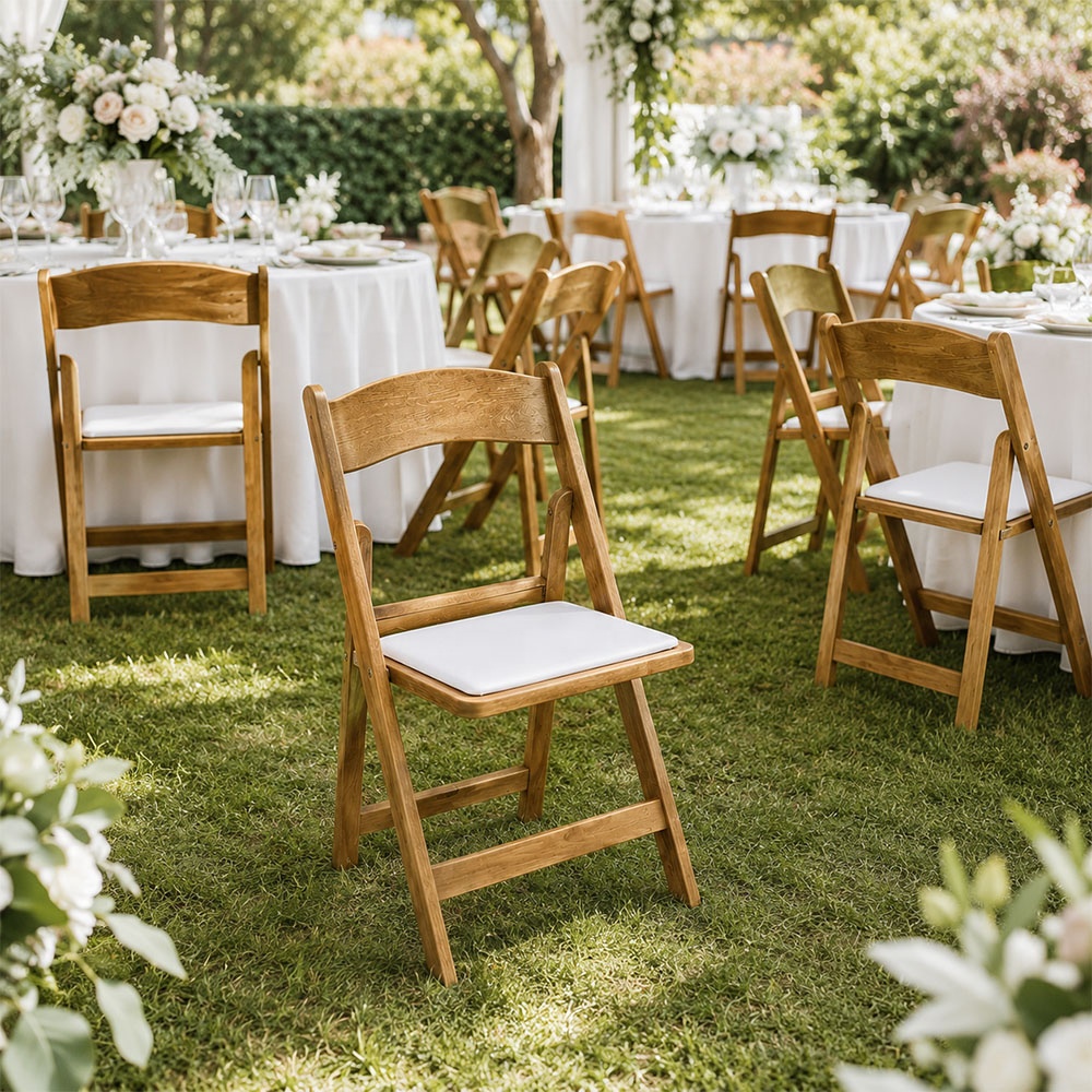 Farmhouse Antique Plastic Folding Chairs for Events Wedding Party Outdoor Garden with White Leather Cushions