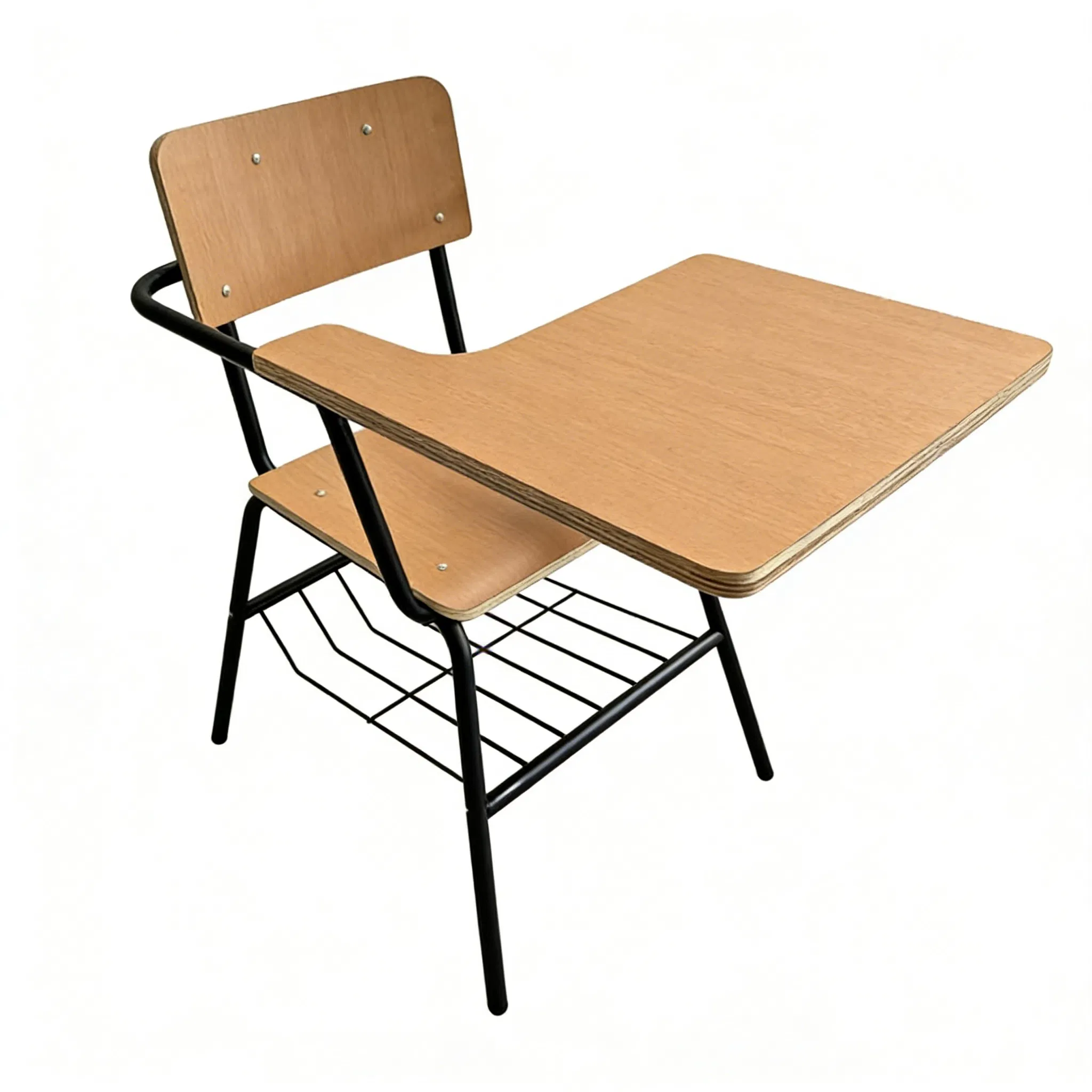 Classroom Student Desk Chair with Storage Basket Plywood School Table Training Chaise with Writing Pad