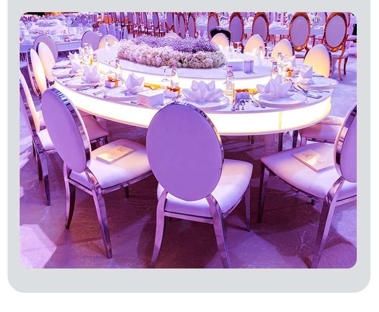 Wholesale Luxury Silver Back Round Blue Upholstered Padded Throne Stainless Steel Hotel Party Event Dining Banquet Wedding Chair