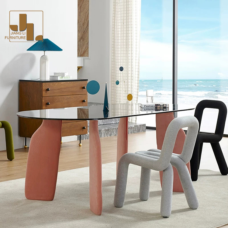 Modern Style Villa Dining Room Pink Oval Dining Table Hotel Restaurant FRP Base Glass Top Luxury Dining Table Furniture