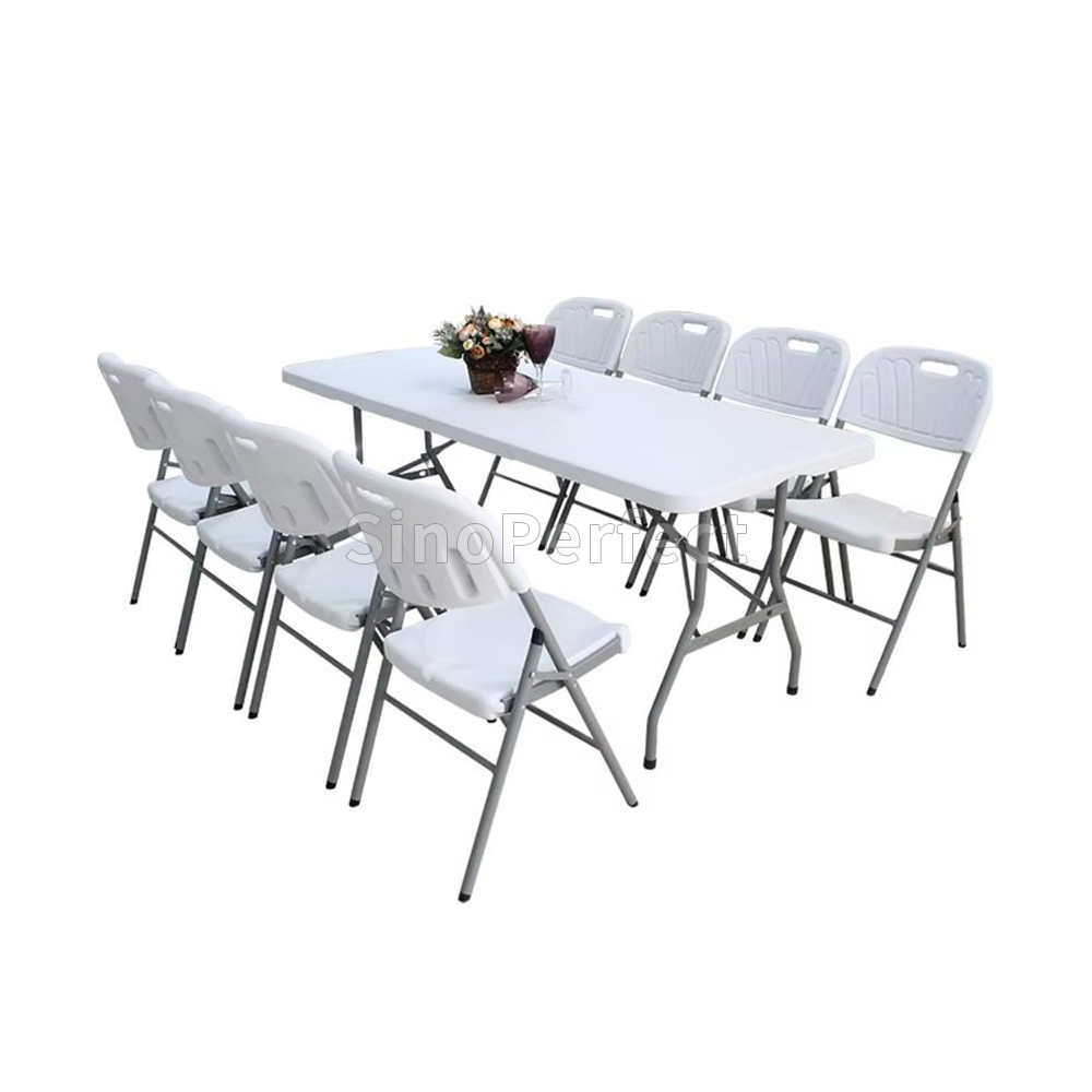 White Camping Portable Folding Table And Chairs Set Folding Foldable Rectangular Wedding Event White Tables Chair Outdoor