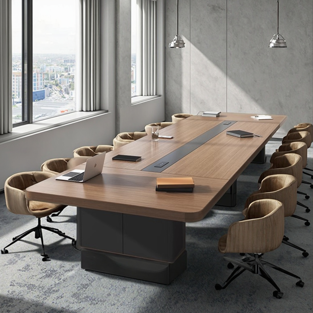 Modern Large Rectangular Wood Office Conference Table with Extendable Chair Combination for Enhanced Comfort Meeting &amp; Training