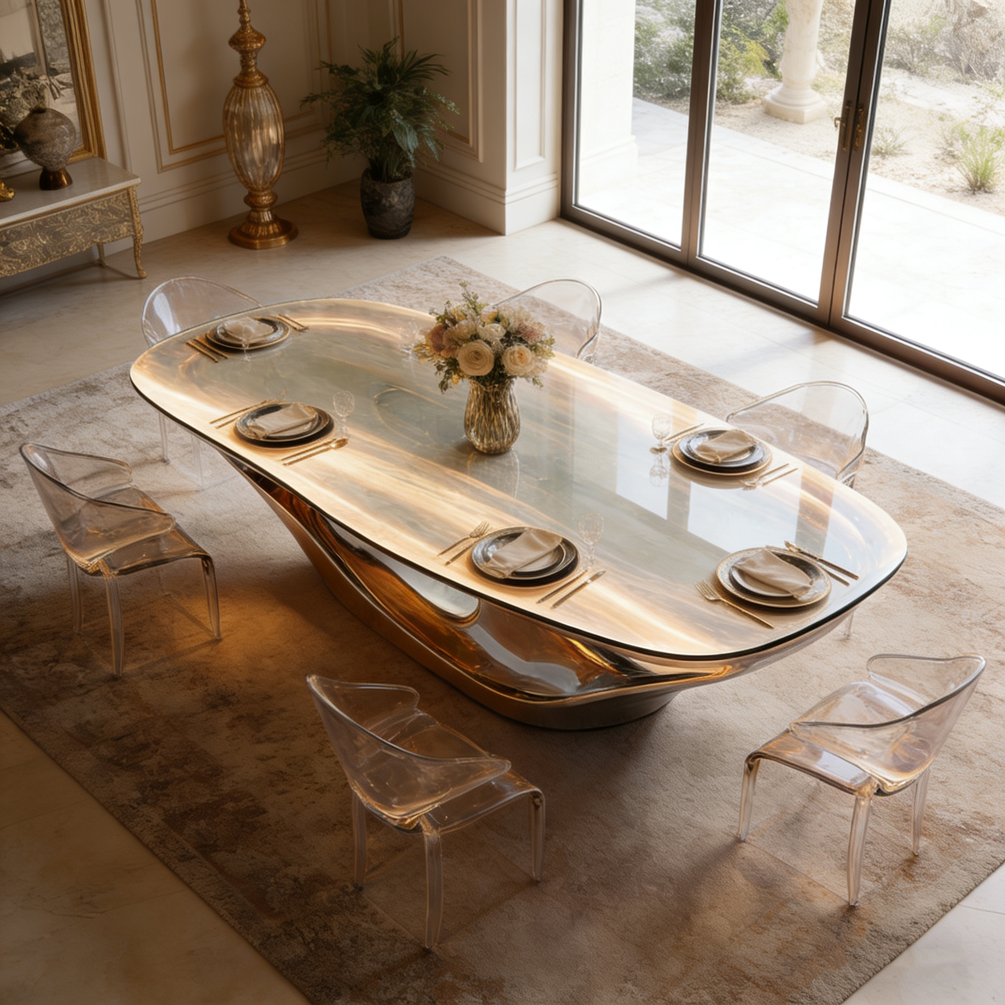 Art Deco Luxury Gilded Fiberglass Base Dining Table Irregular Wood-Like Tabletop for High-End Home Villa Hotel