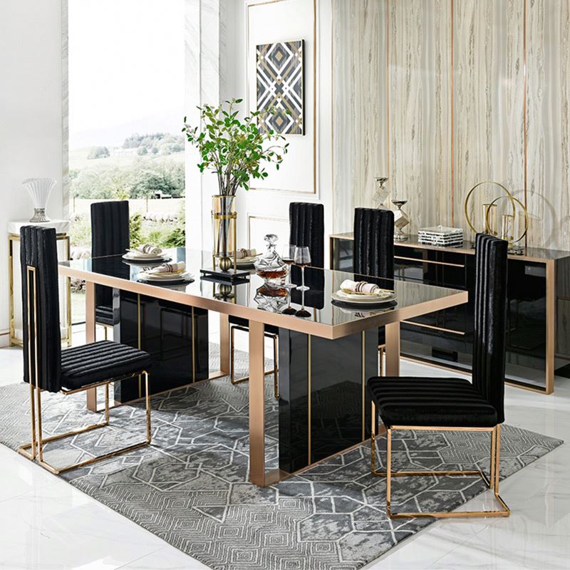 Italian Modern Dining Table Set with 6 Chairs, Luxury Fiberglass Restaurant Furniture - Tempered Glass Top &amp; Leather Seats