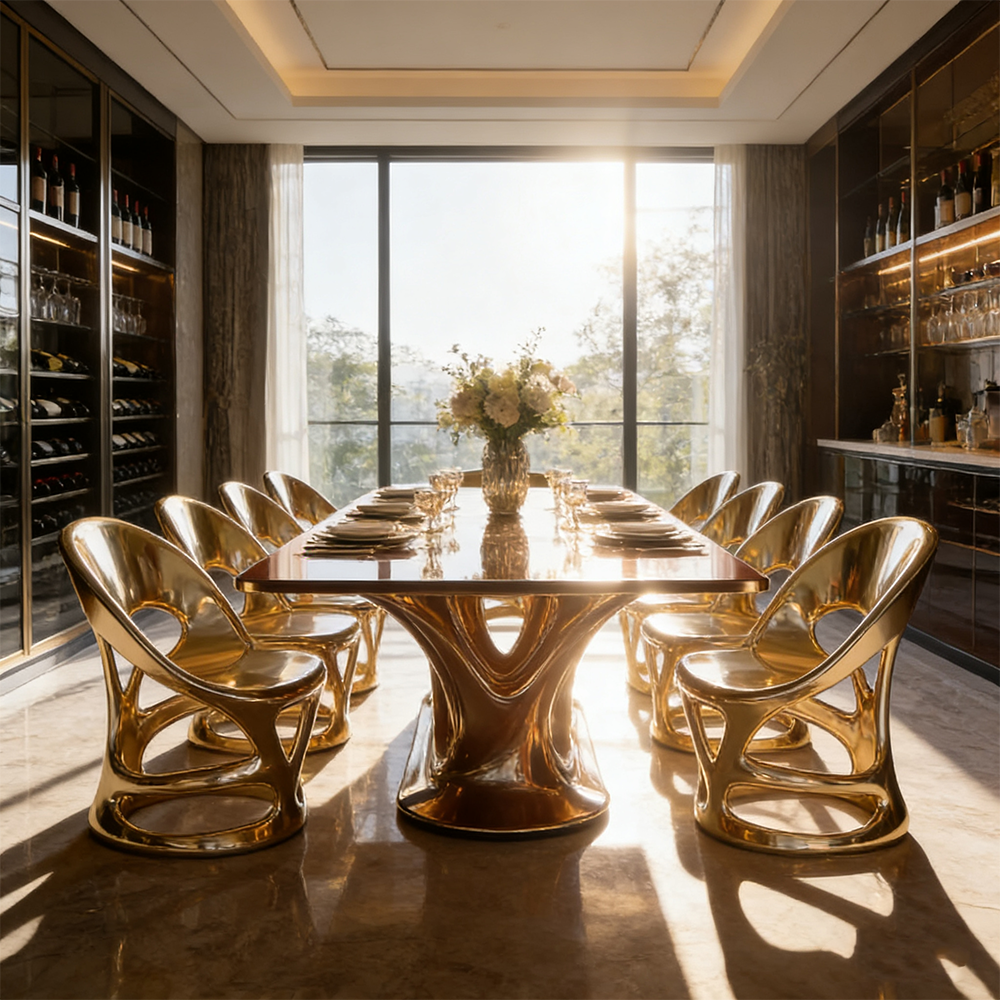 Modern Luxury Dining Table Set Gold Fiberglass Frame Glossy Marble Top Furniture Large Villa Rectangular Desk