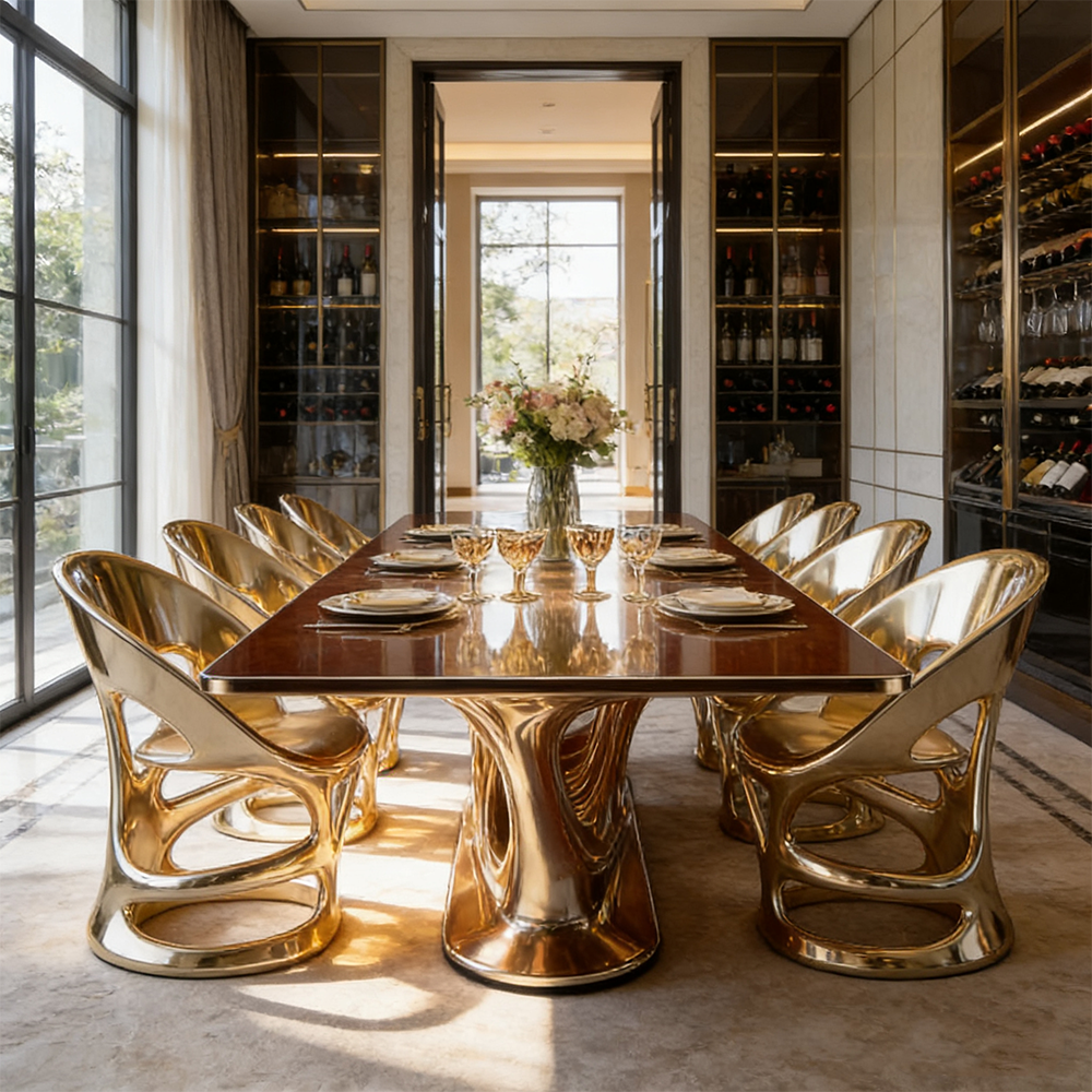Modern Luxury Dining Table Set Gold Fiberglass Frame Glossy Marble Top Furniture Large Villa Rectangular Desk