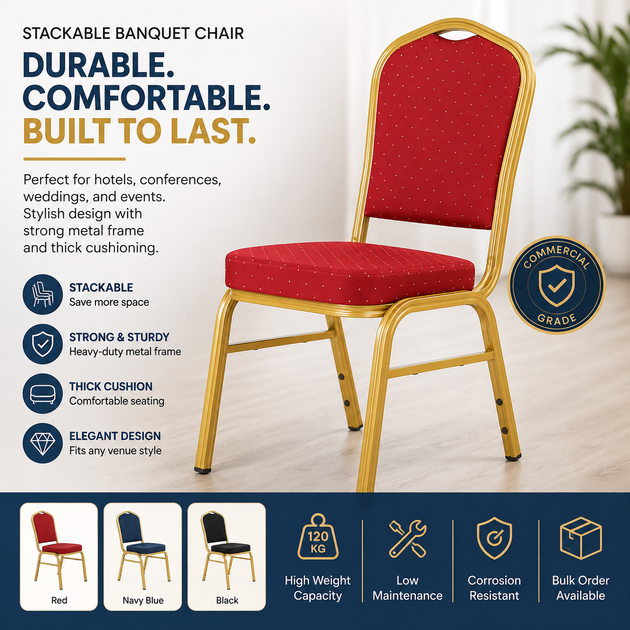 Wholesale Cheap Gold Wedding and Events Chair Customize Stacking Fabric Hotel Banquet Chairs With Iron Frame