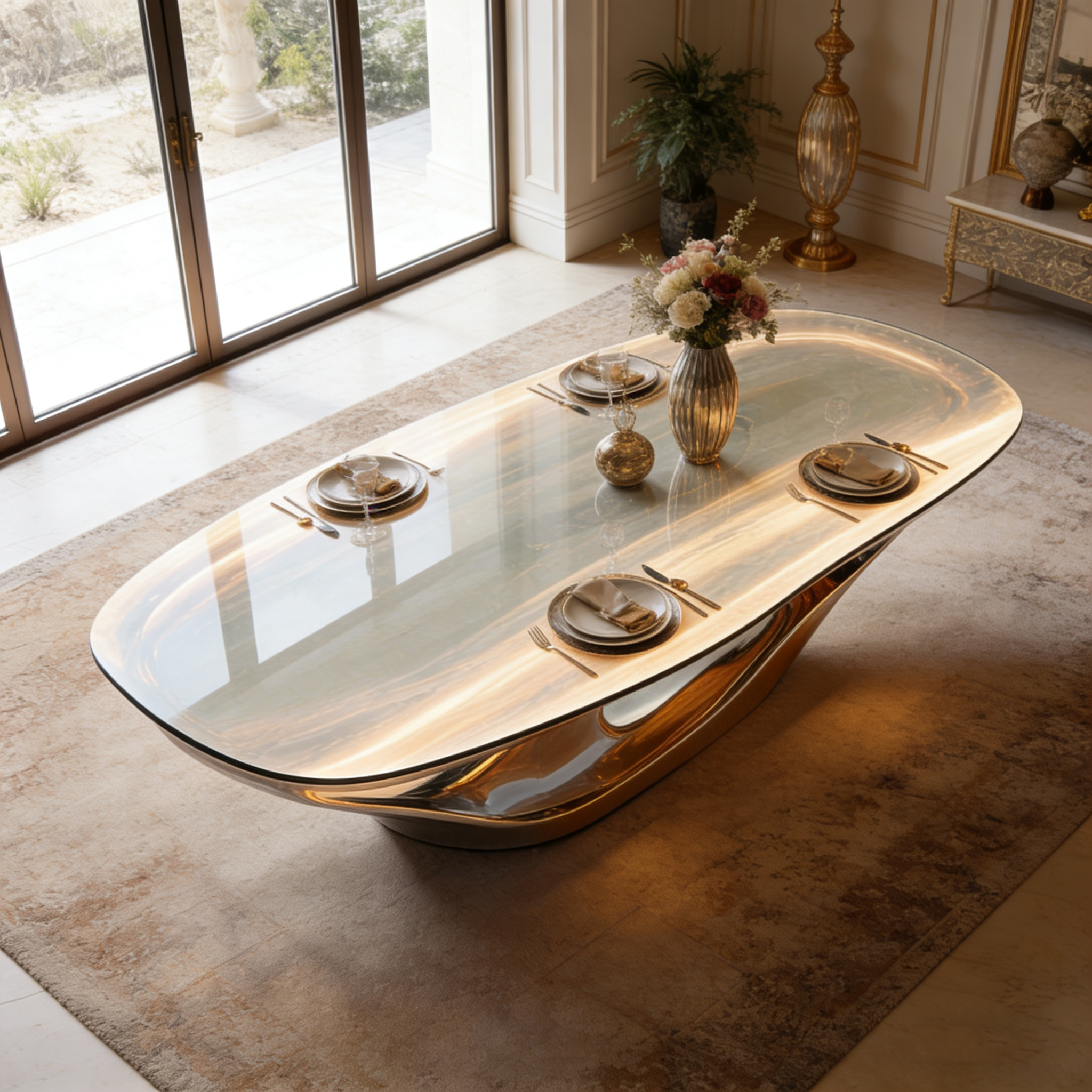 Art Deco Luxury Gilded Fiberglass Base Dining Table Irregular Wood-Like Tabletop for High-End Home Villa Hotel