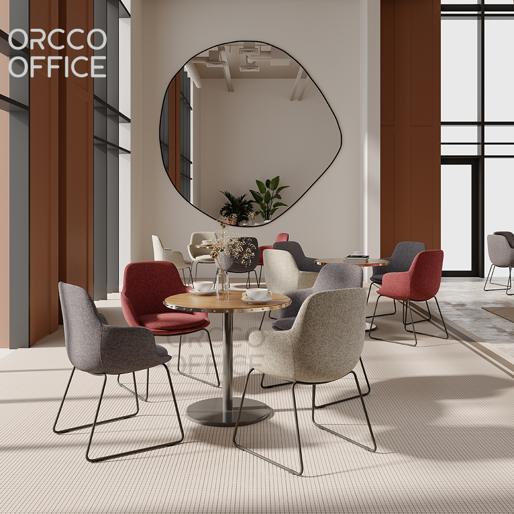 High End Upholstered Fabric or Leather Hotel Dining Chair Sled Base Solid Metal Frame Western Restaurant Side Banquet Chair