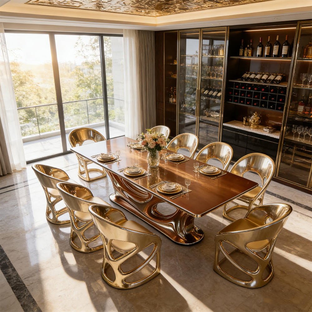 Modern Luxury Dining Table Set Gold Fiberglass Frame Glossy Marble Top Furniture Large Villa Rectangular Desk