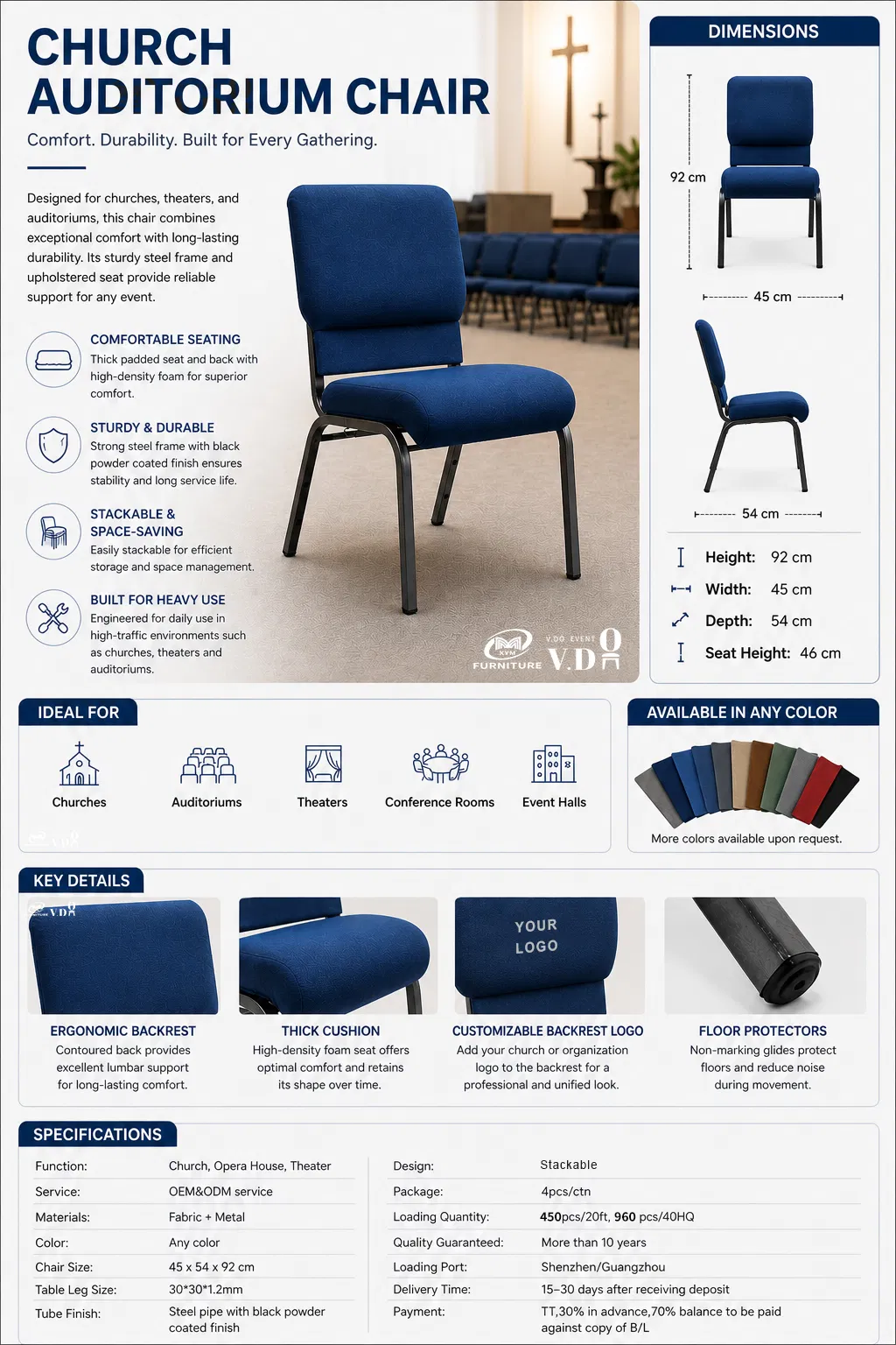 Stacking Metal Theater Pulpit Auditorium Church Chair Side View