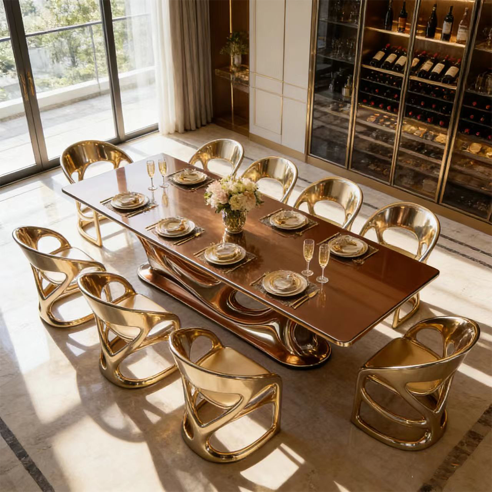 Modern Luxury Dining Table Set Gold Fiberglass Frame Glossy Marble Top Furniture Large Villa Rectangular Desk