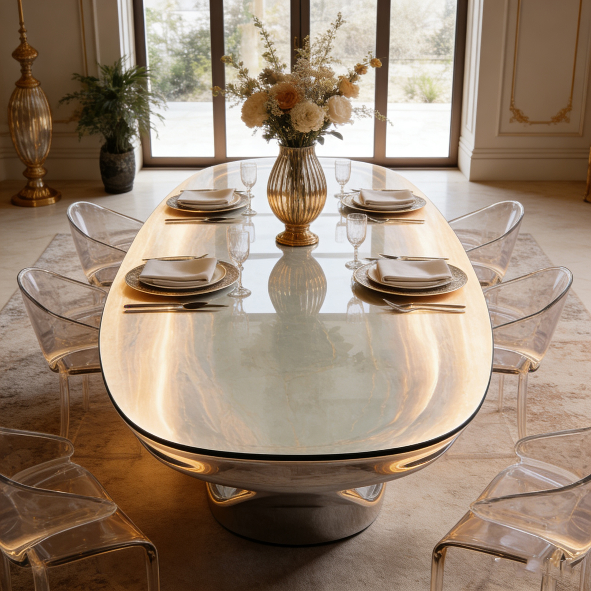 Art Deco Luxury Gilded Fiberglass Base Dining Table Irregular Wood-Like Tabletop for High-End Home Villa Hotel