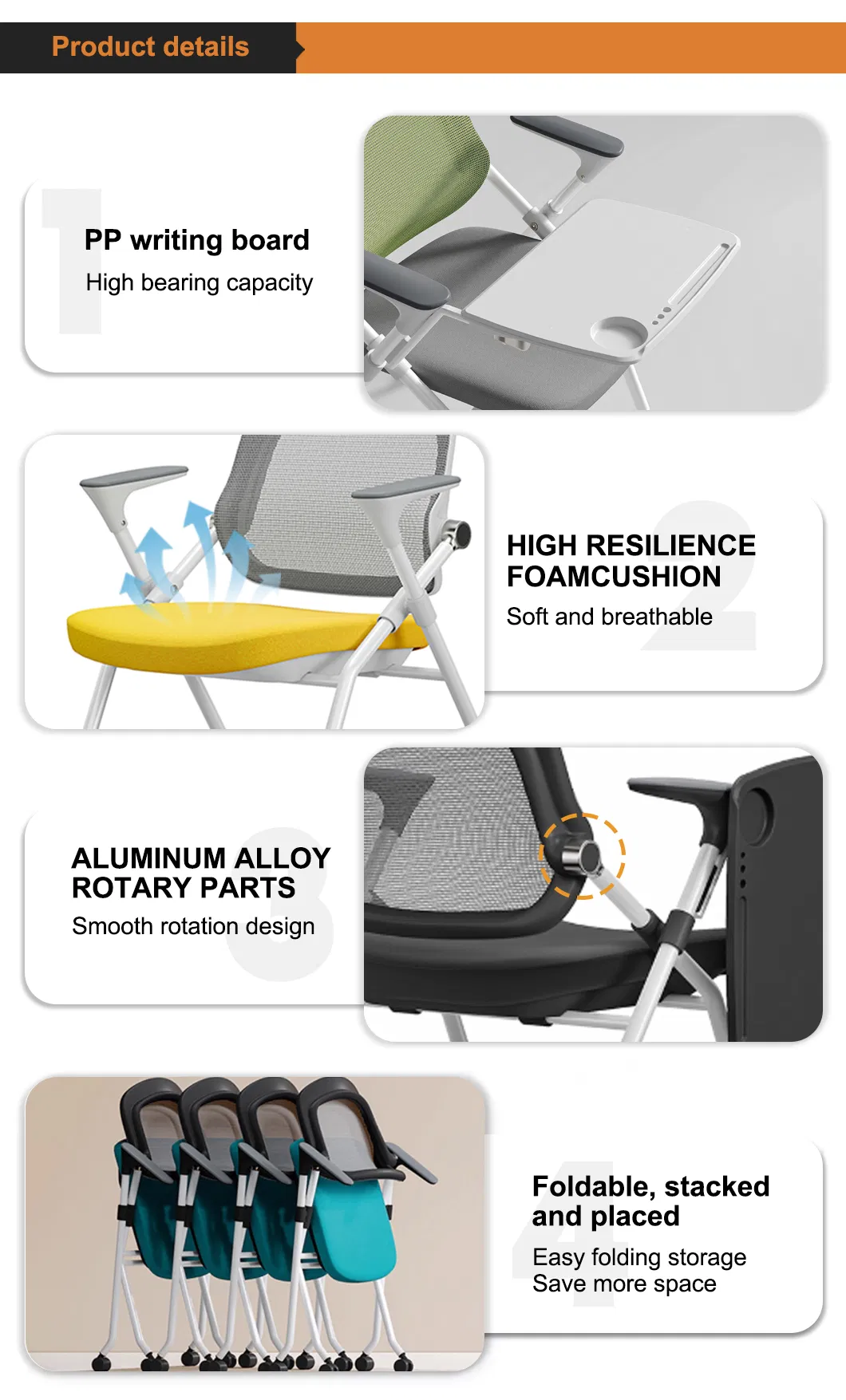 Wholesale Folding School Conference Meeting Room Student Staff Mesh Training Office Chair with Writing Tablet