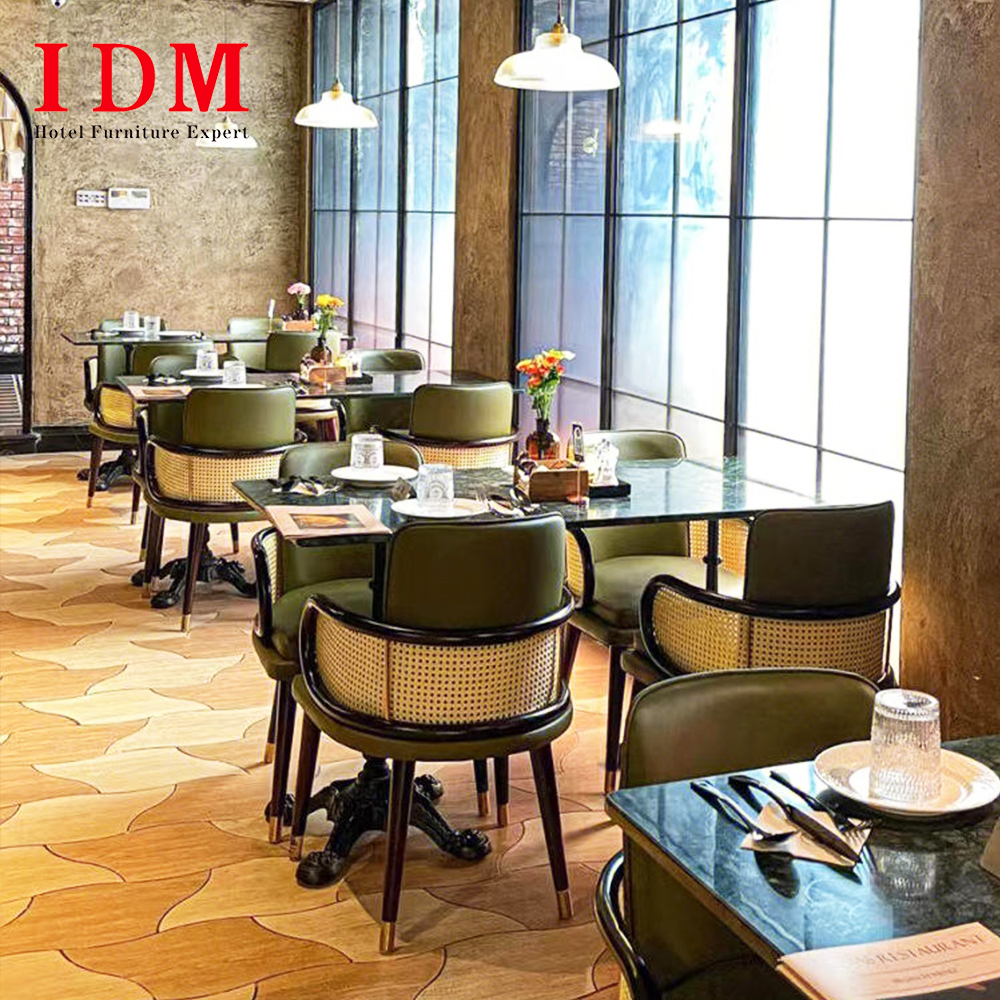 IDM Luxury Solid Wood Hotel Dining Chairs &amp; Tables with 4 Seat Sets for Commercial Modern Restaurant and Villa Use Eco-Friendly