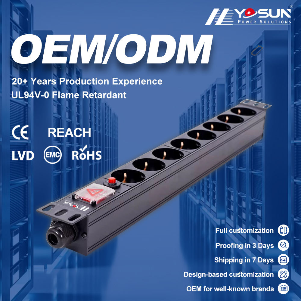 OEM ODM 20+ Years Schuko PDU 1U 19" 8 Way Rack Mount Power Distribution Unit 2 Pole Switch 16A Overload Protection CE ROHS For