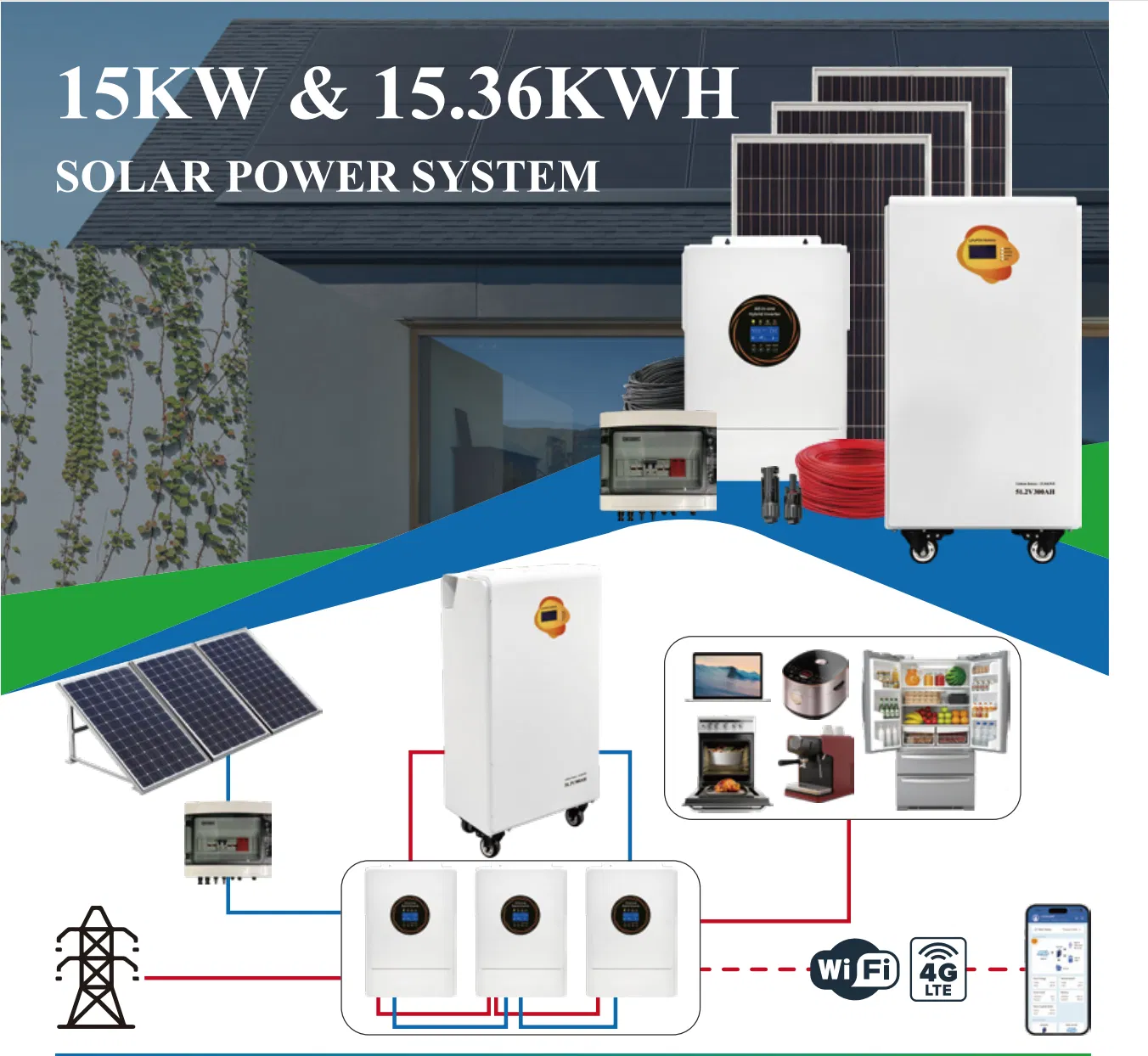 51.2V 100ah Lithium Battery Hybrid Grid Connection Home Solar Storage System IP65 Protection Smart BMS Stackable 15kwh 300ah Energy Power System