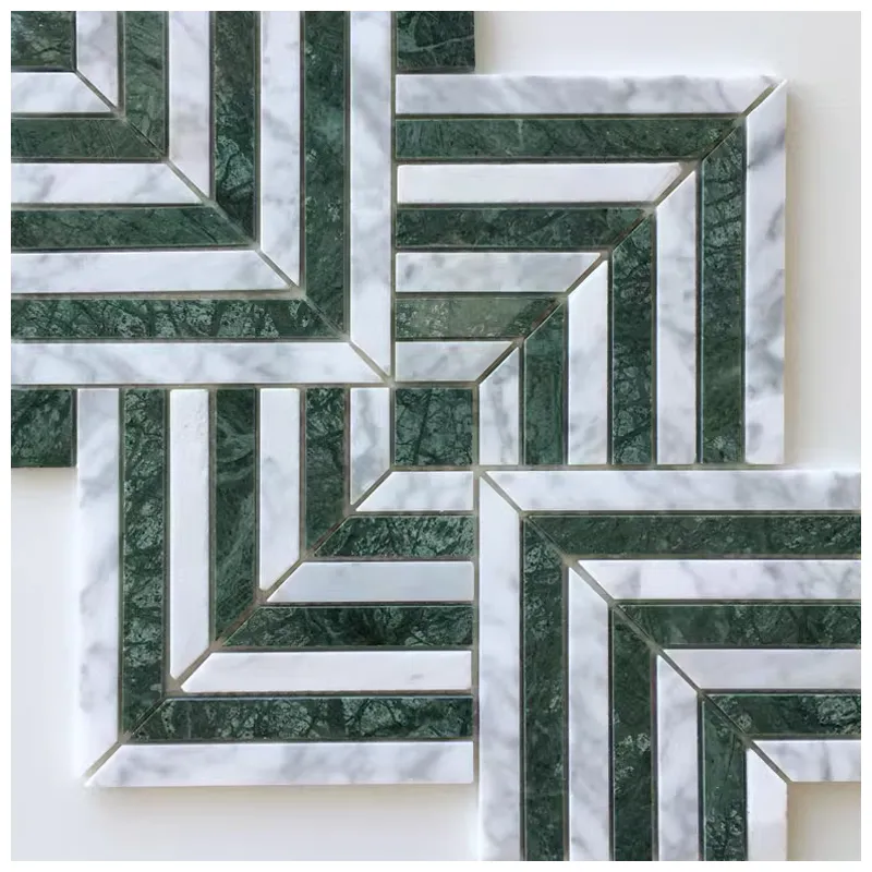 Maze Square Weave White and Green Marble Mosaic Tiles