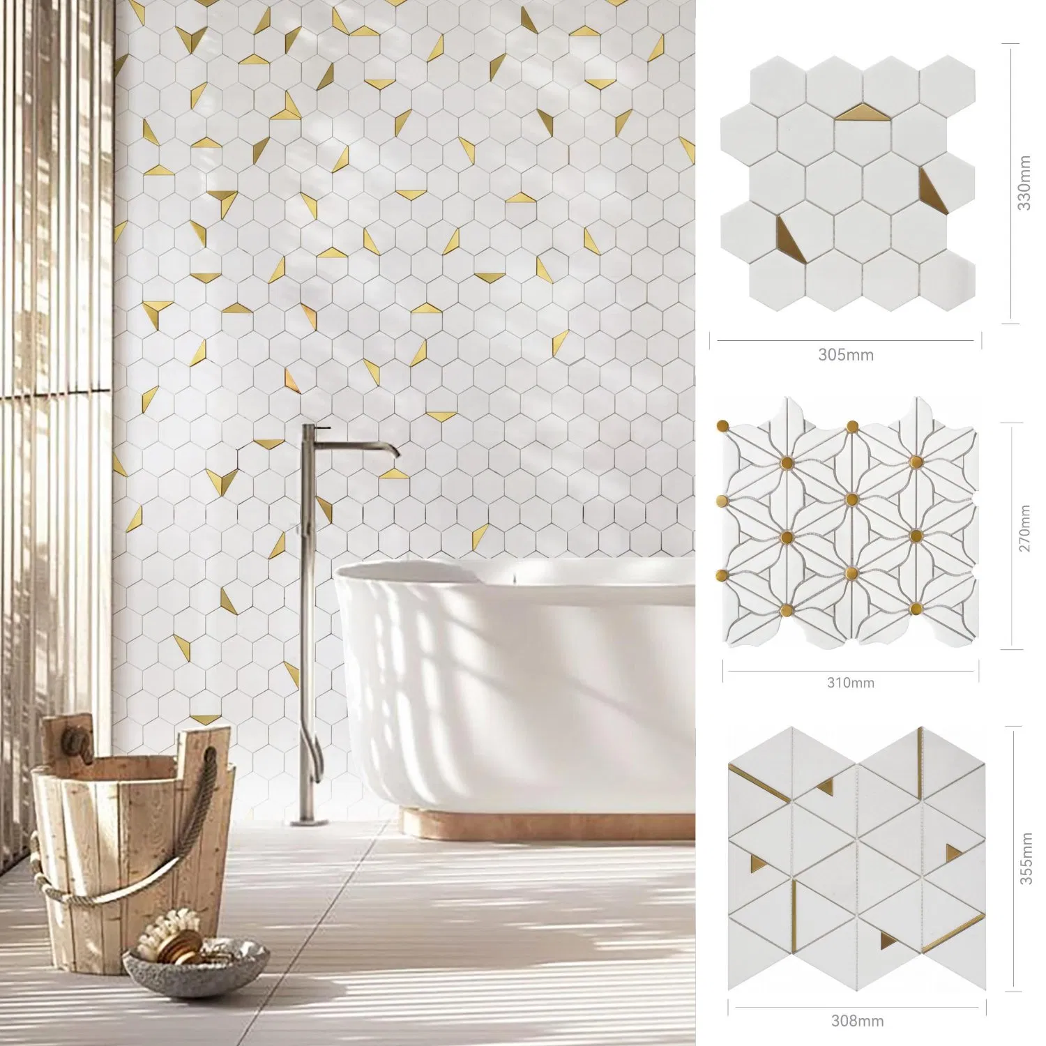 Rose Pink and Ming Green Marble Mosaic Tile Hexagon Crema Marfil Marble Mosaic for Bathroom Building Material