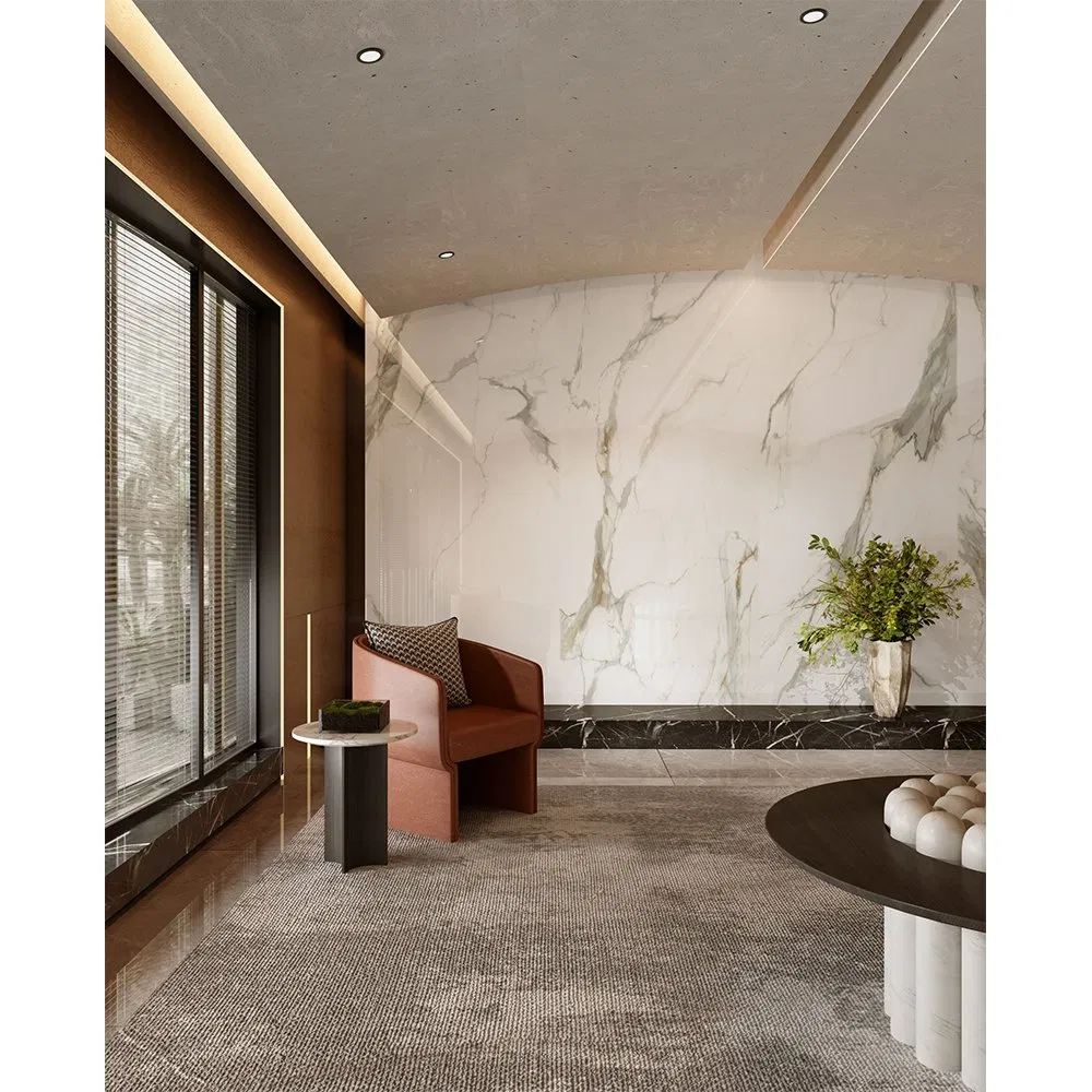 Sintered Stone Porcelain Slab Large White Calacatta Marble Looks Floor Tiles