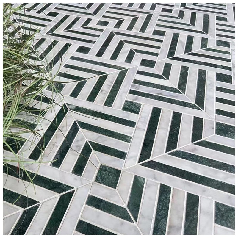 Maze Square Weave White and Green Marble Mosaic Tiles