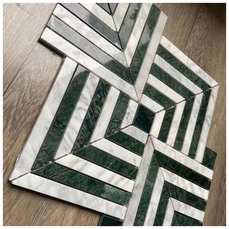 Maze Square Weave White and Green Marble Mosaic Tiles