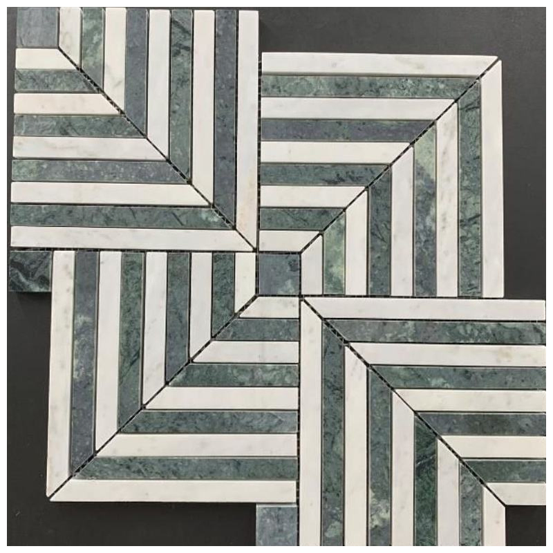 Maze Square Weave White and Green Marble Mosaic Tiles