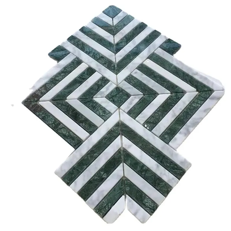 Maze Square Weave White and Green Marble Mosaic Tiles