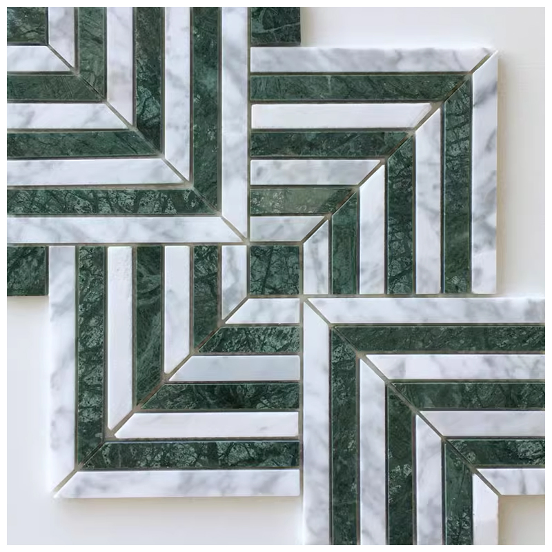 Maze Square Weave White and Green Marble Mosaic Tiles