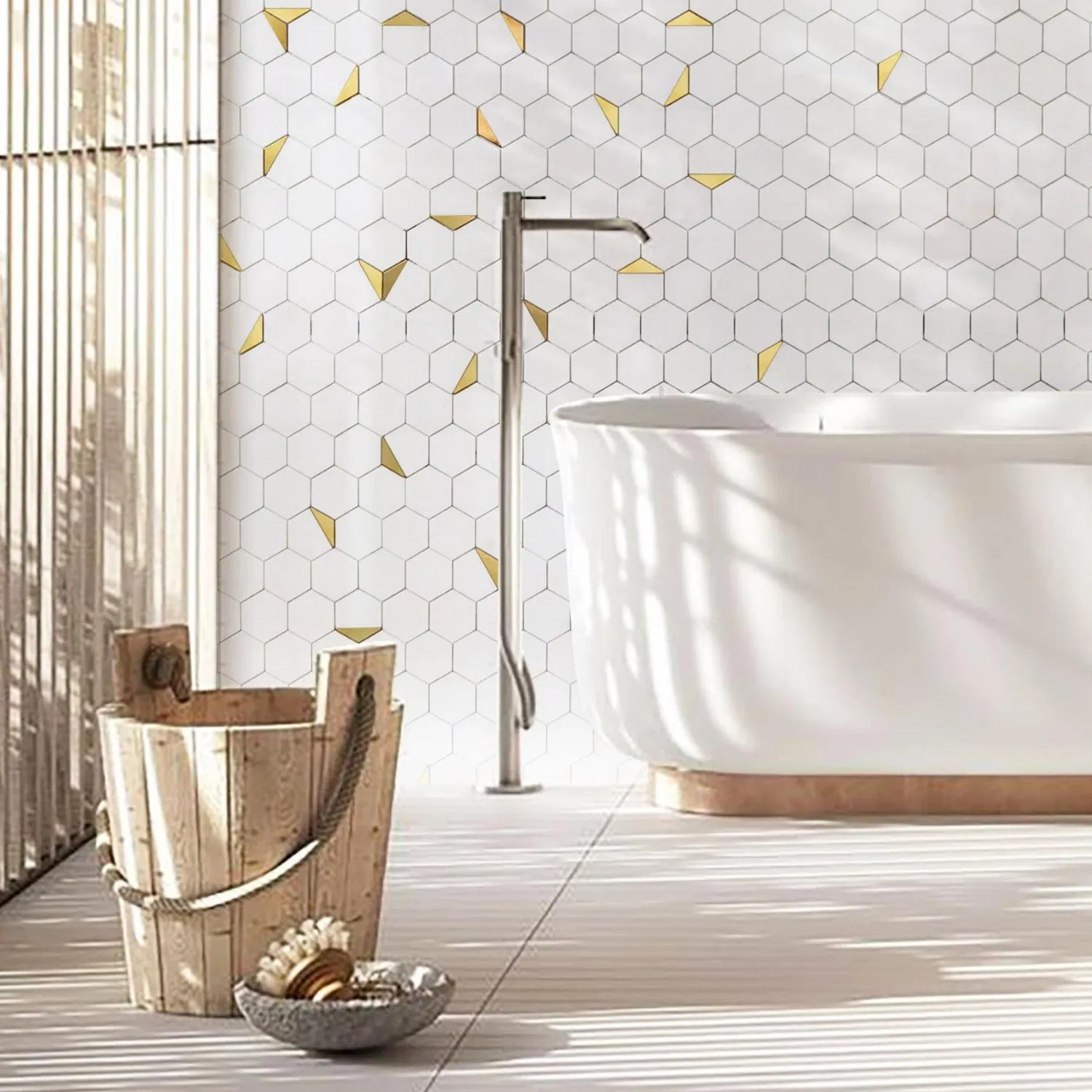 Rose Pink and Ming Green Marble Mosaic Tile Hexagon Crema Marfil Marble Mosaic for Bathroom Building Material