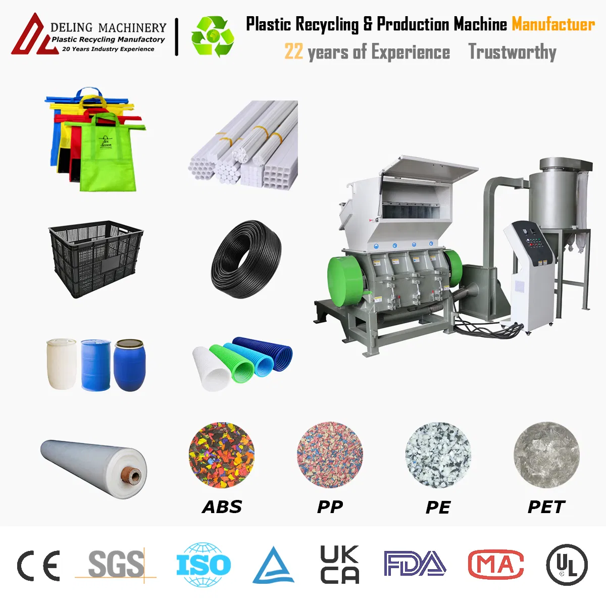 Powerful Vertical Plastic Crusher for PVC Pipe PP HDPE LDPE PE Pet Bottle Crushing Shredding Shredder Machine with Production Capacity 100-2000kg/H