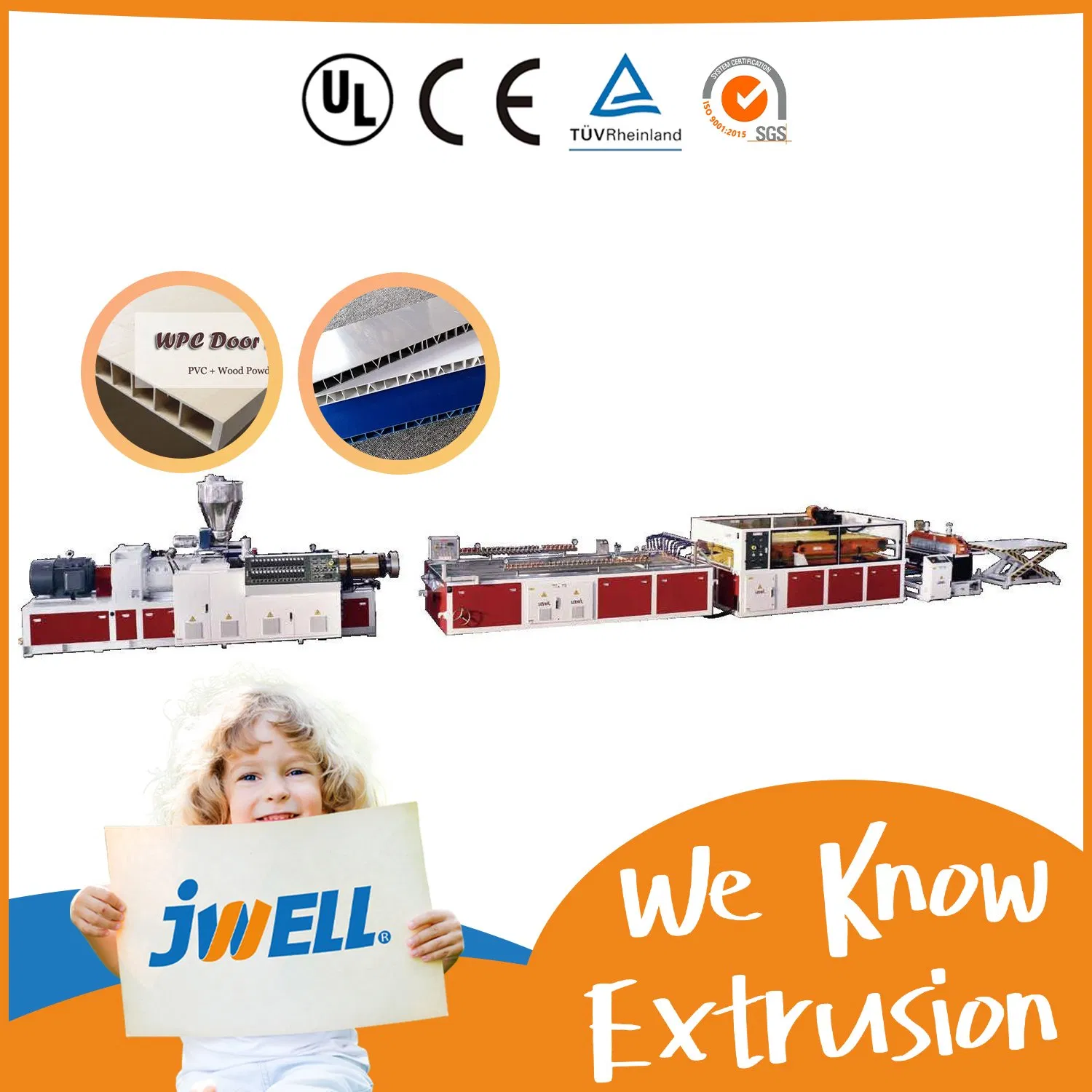 Jwell WPC/PVC/PE/PP/PC/PS Window/Fence/Pedal/Decking/Pipe/Board/Floor/Roof/Edgeband/Trunk/Frame/Wall Panel/Door/Ceiling/Gasket Profile Plastic Extrusion Machine