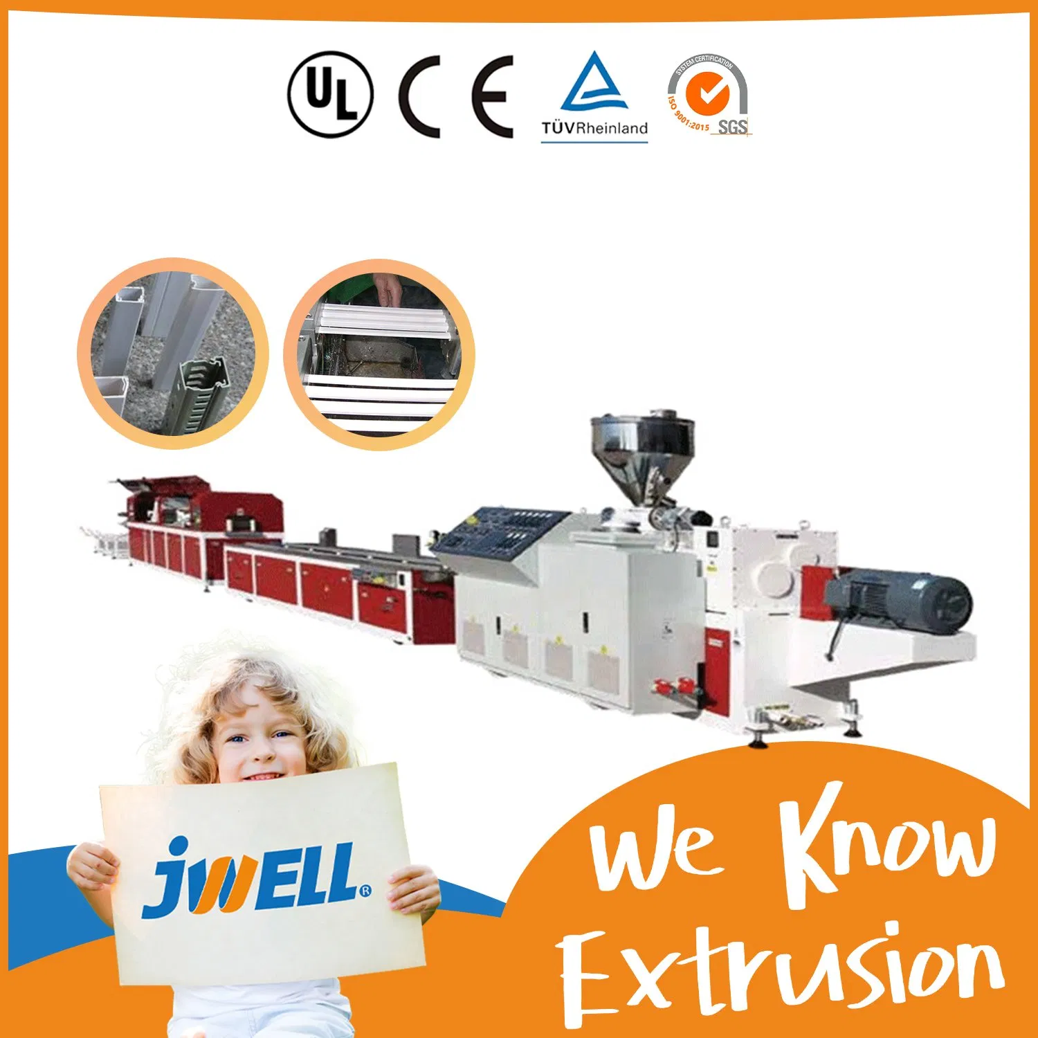 Jwell WPC/PVC/PE/PP/PC/PS Window/Fence/Pedal/Decking/Pipe/Board/Floor/Roof/Edgeband/Trunk/Frame/Wall Panel/Door/Ceiling/Gasket Profile Plastic Extrusion Machine
