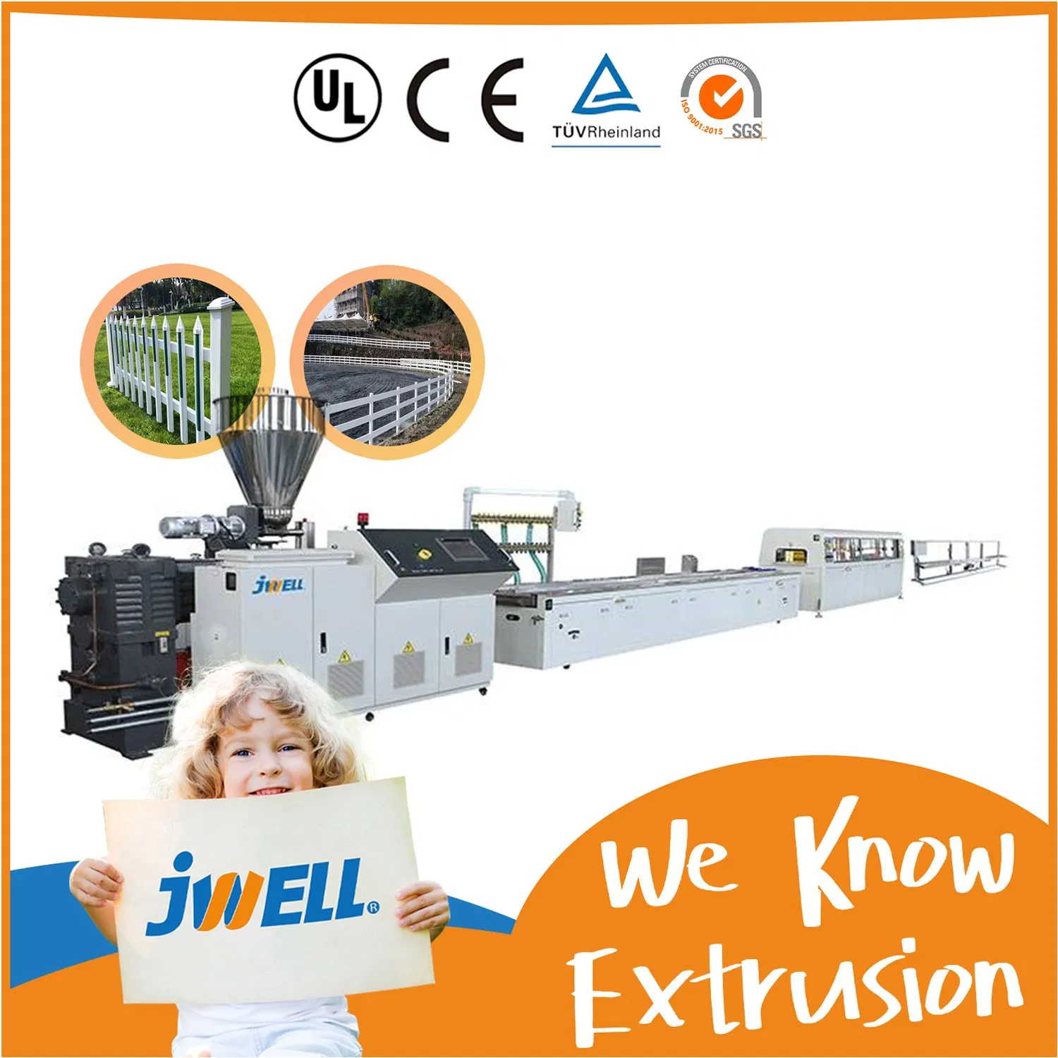 Jwell WPC/PVC/PE/PP/PC/PS Window/Fence/Pedal/Decking/Pipe/Board/Floor/Roof/Edgeband/Trunk/Frame/Wall Panel/Door/Ceiling/Gasket Profile Plastic Extrusion Machine